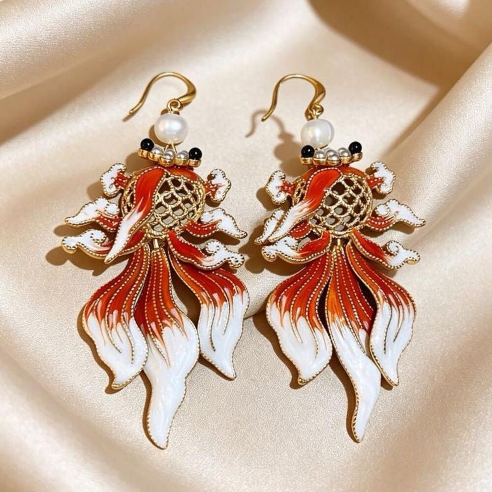 NWT Enamel Koi Fish Orange White Pearl Drop Earrings Fashion Jewelry Collection